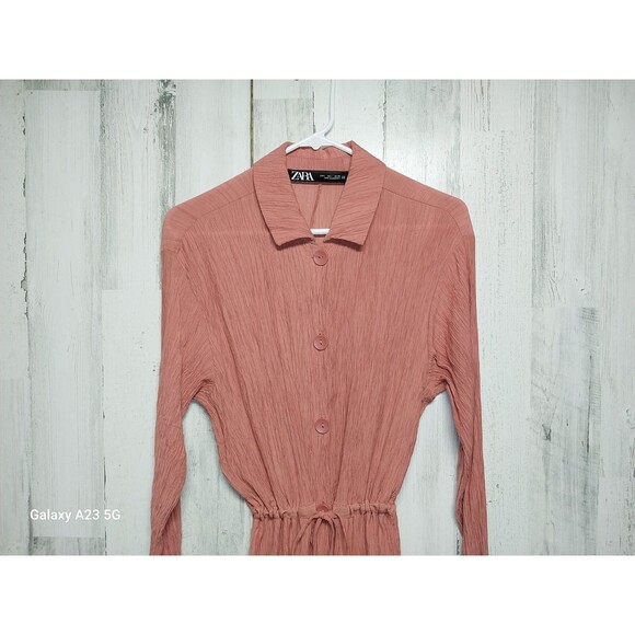 ZARA Shirt Dress Large Belted Crinkle Textured Knee Length Pockets Terra Cotta - Picture 3 of 9